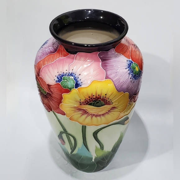 11 3/4" Bold Cloisonné Styl Asian Poppies Dramic Black + Floral Ceramic Art Vase - Picture 8 of 15